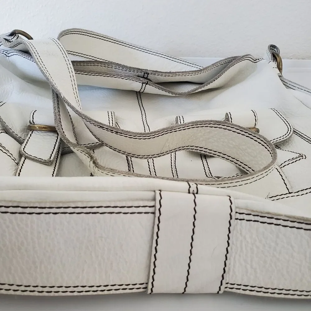 Oushka Vintage White Leather Shoulder Bag Hobo Purse w/ Front Pockets Crossbody